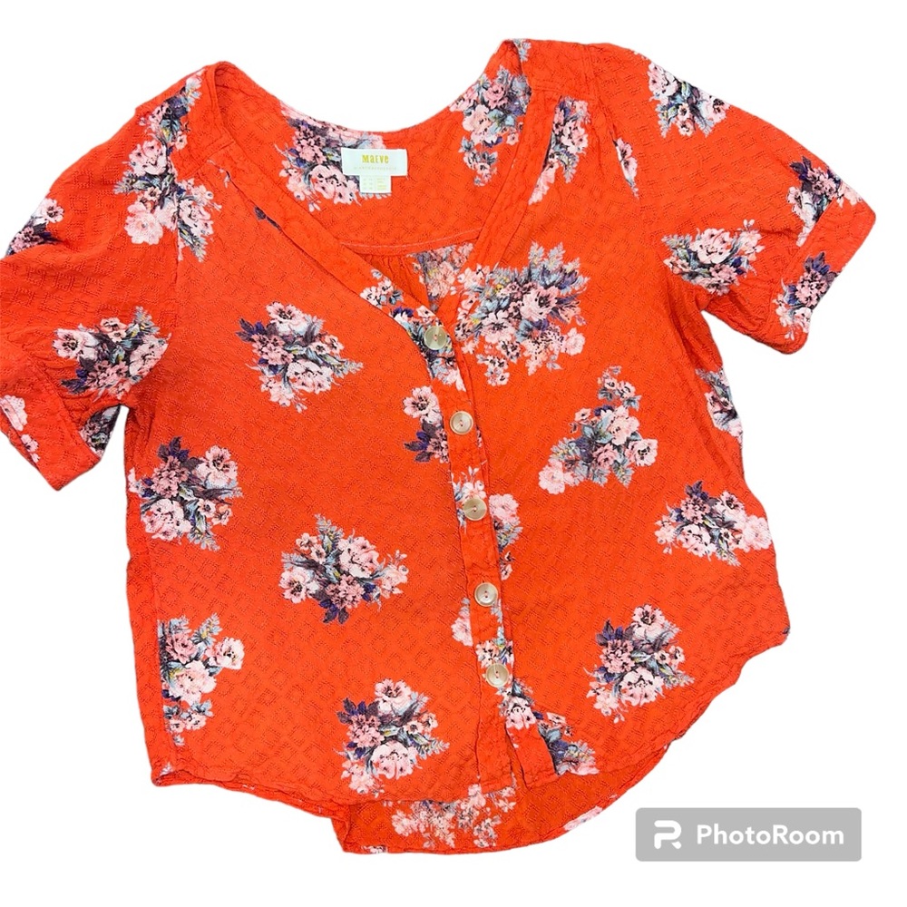Maeve Women’s Button Down Short Sleeve Red Floral Top